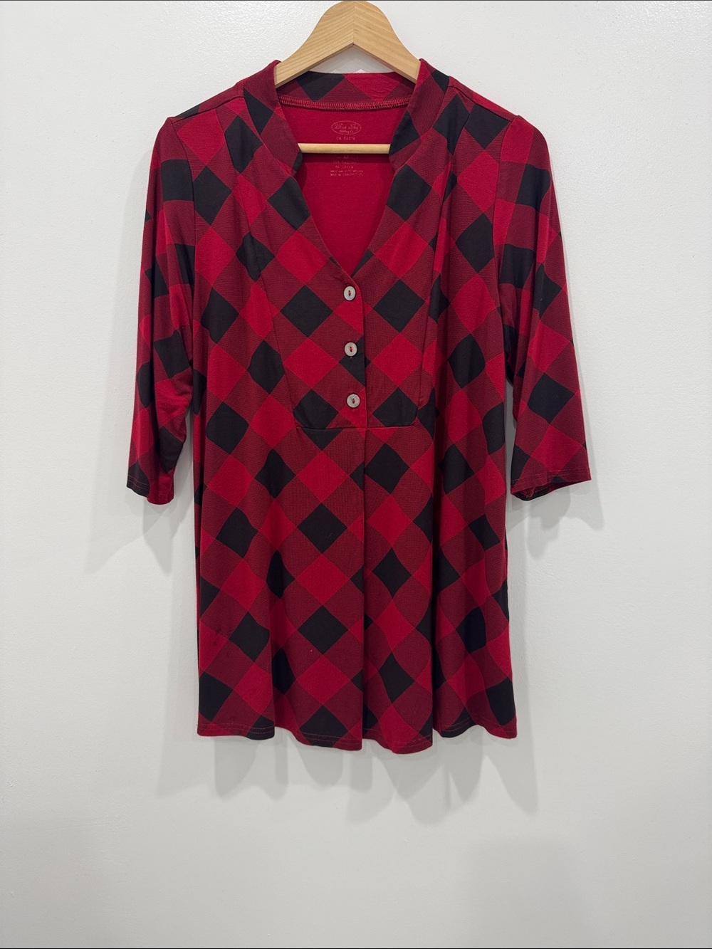 Blue Sky Small Red Black Argyle Bamboo Blend Button Front Top
